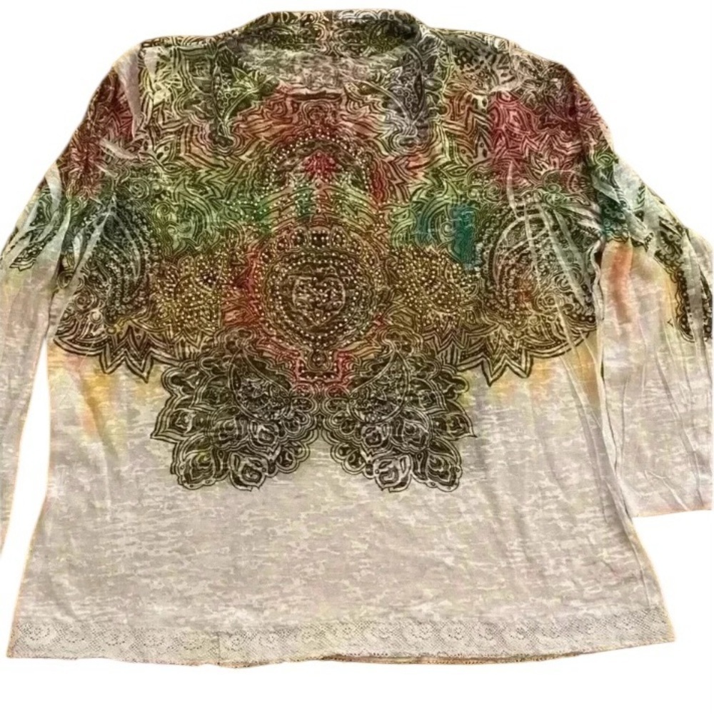 Reba Womens Long Sleeve Fitted Sheer Stretchy Art Decorative Top size M-L